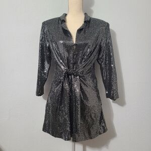 ZARA Silver Shimmery Sparkle Disco Long Sleeve V-Neck Playsuit Romper Jumpsuit L